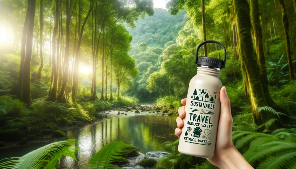 Eco Friendly Travel Tips: Green And Sustainable Travel Nailed! 3 a hand holding a bottle with a river in the background. A picturesque scene of a traveler using a reusable water bottle in a lush, green forest, emphasizing eco-friendly travel.