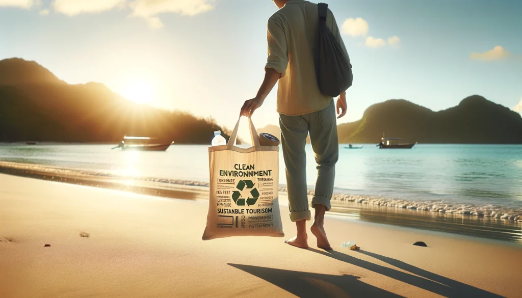Eco Friendly Travel Tips: Green And Sustainable Travel Nailed! 4 a person walking on a beach with a bag. A serene beach scene with a traveler collecting litter in a reusable bag, highlighting eco-friendly travel tips. The bag has subtle keyw